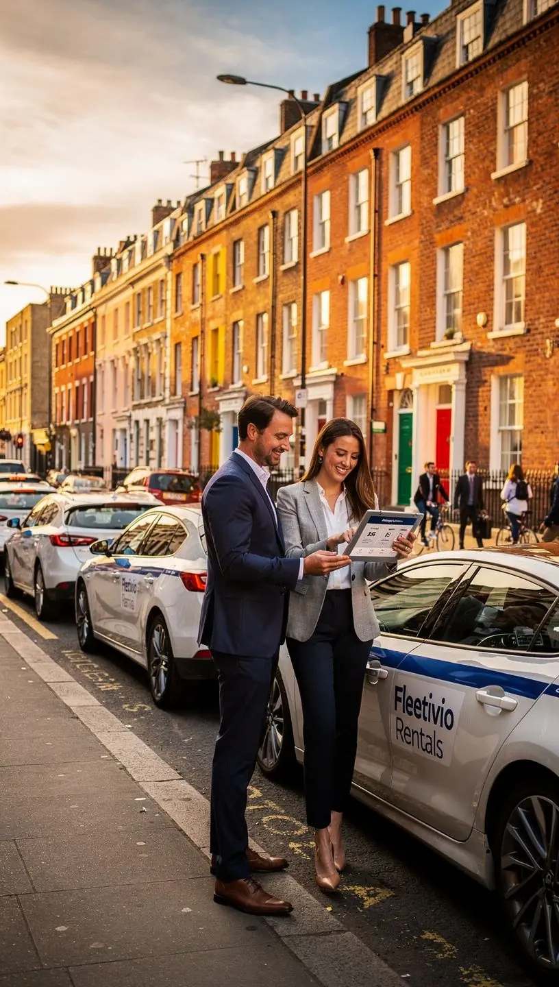 A professional-looking individual reviewing car rental options on a tablet, highlighting the convenience of business travel rentals.